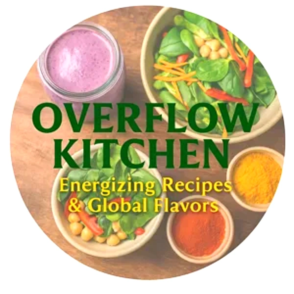 Overflow Kitchen bio image with fresh smoothie bowl, salad greens, and colorful spices.