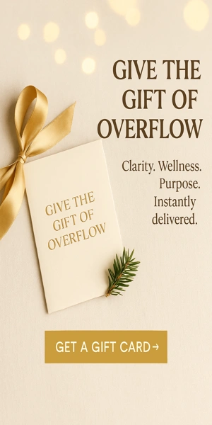 “Elegant cream and gold gift card with ribbon — Give the Gift of Overflow by Elevate Your Wealth & Wellness.”